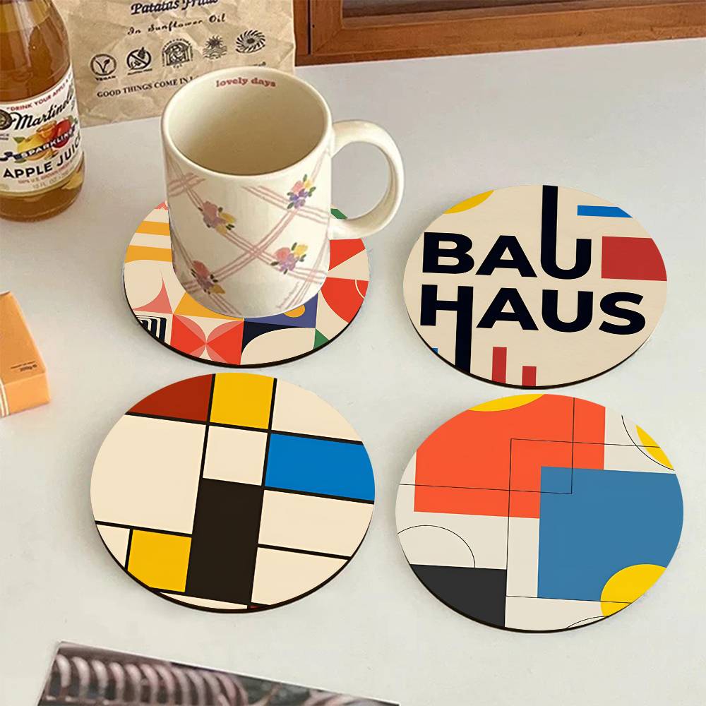 Marble Coaster Set - Abstracte Bauhaus ronde houten onderzetters, geschikt